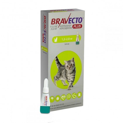 Bravecto PLUS spot-on Краплі на холку від бліх, кліщів та глистів для кішок вагою від 1,2 до 2,8 кг
