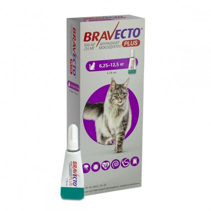 Bravecto PLUS spot-on Капли на холку от блох, клещей и глистов для кошек весом от 6,25 до 12,5 кг