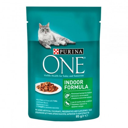 Purina One Indoor Formula Cat Filets in Gravy Консервы для кошек не покидающих помещение кусочки в соусе с тунцом и зеленью